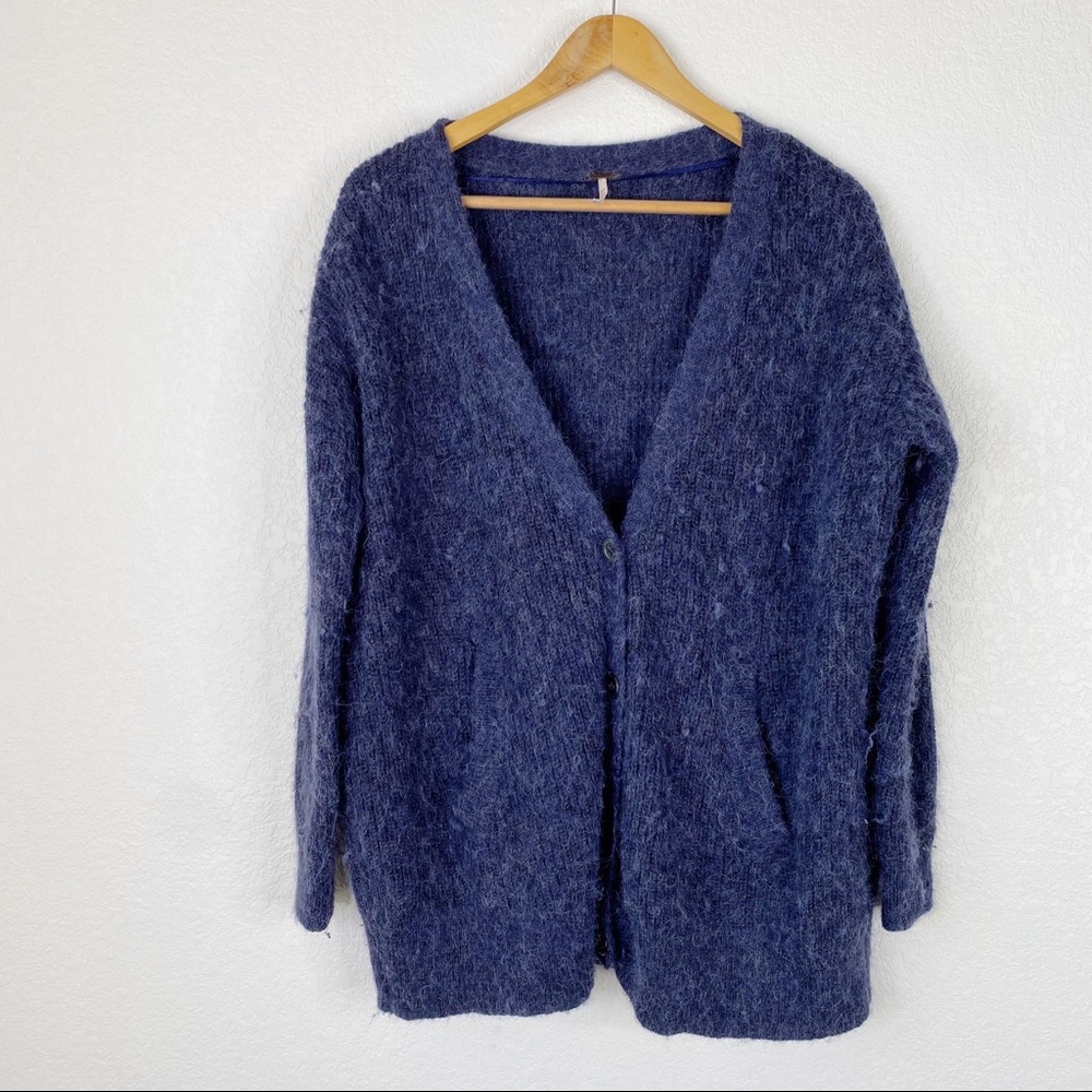 Free People Wool Alpaca Blue Knit Oversized Cardigan Sweater